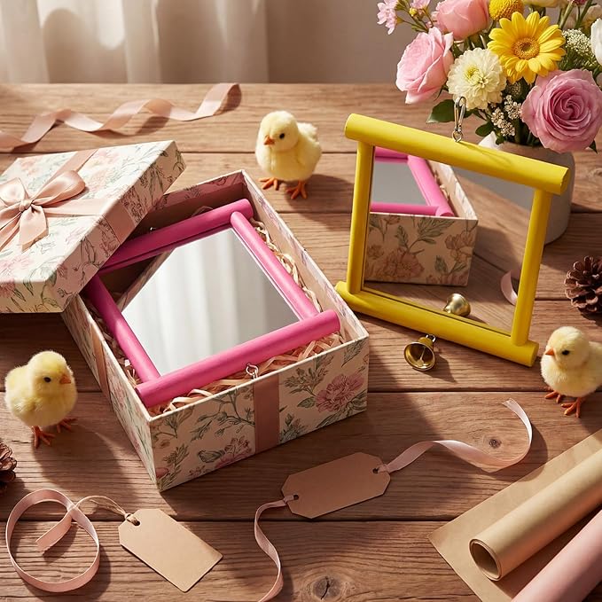Sadnyy 2 Pcs Chicken Mirror Toys Extra Large 10.6 x 10 Inch Big Hanging Swing Double Side Mirror with Bell Wooden Pecking Toy for Hens Birds Parrots Coop Roosters (Square, Yellow & Rose Red)