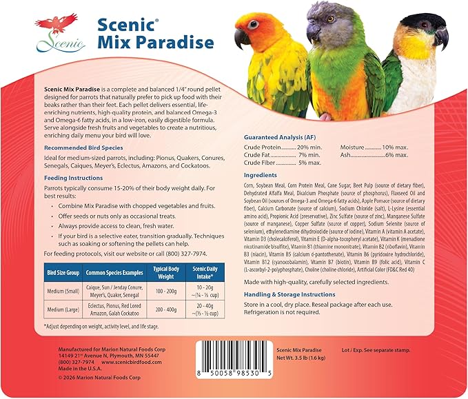Scenic Mix Paradise Medium Parrot Food - 7 lb (2 x 3.5 lb Bags) - 1/4" Bird Pellets - Complete Nutrition for Sun Conures, Pionus, Senegals, Caiques & More