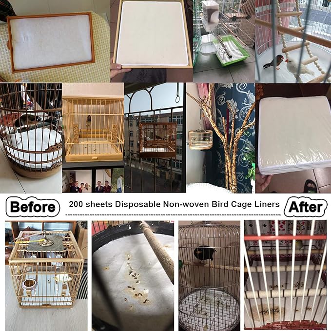 QBLEEV Bird Cage Liner Paper, Extra Large Size Pre Cut Sheets for Birdcages, Precut Absorbent Disposable Non-Woven Cages Cushion Pad Mat Accessories, Square-200 Sheets, 16.5x24.0in
