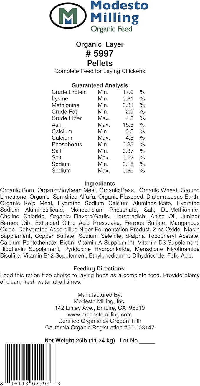 Modesto Milling Organic, Non-GMO Layer Pellets for Chickens, 25lbs; Item# 5997