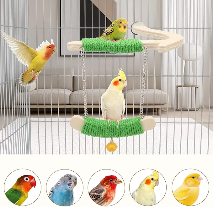 Litewoo Bird Swing Toys Wood Bird Perch Stand Hanging Parrots Swing Chewing Toy Cage Accessories for Budgies Parakeets Cockatiels Conures Lovebirds Finches (S)