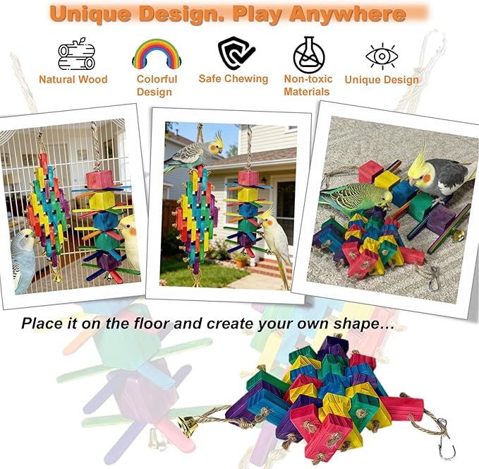 2Pcs Parrot Toys - Natural Wooden Blocks Bird Chewing Toys, Colorful Bird Cage Accessories for Parakeets Cockatiels Lovebirds Conures