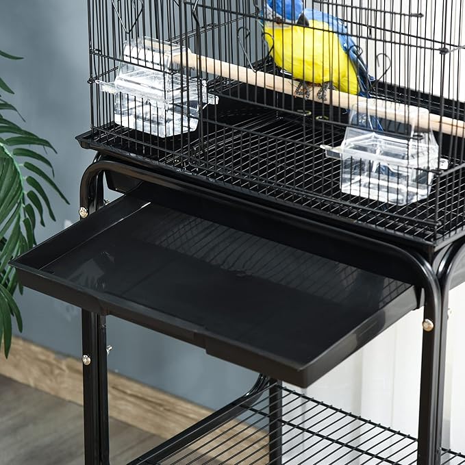 PawHut 60" Metal Indoor Bird Cage Starter Kit with Detachable Rolling Stand, Storage Basket, and Accessories, Black