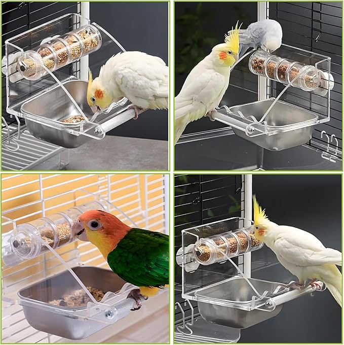 BNOSDM Bird Feeder for Cage with Rotating Foraging Toy No Mess Acrylic Hanging Food & Water Dispenser with Stainless Steel Bowl & Anti-Slip Perch Stand for Parrot, Budgie, Parakeet, Lovebird, Canary