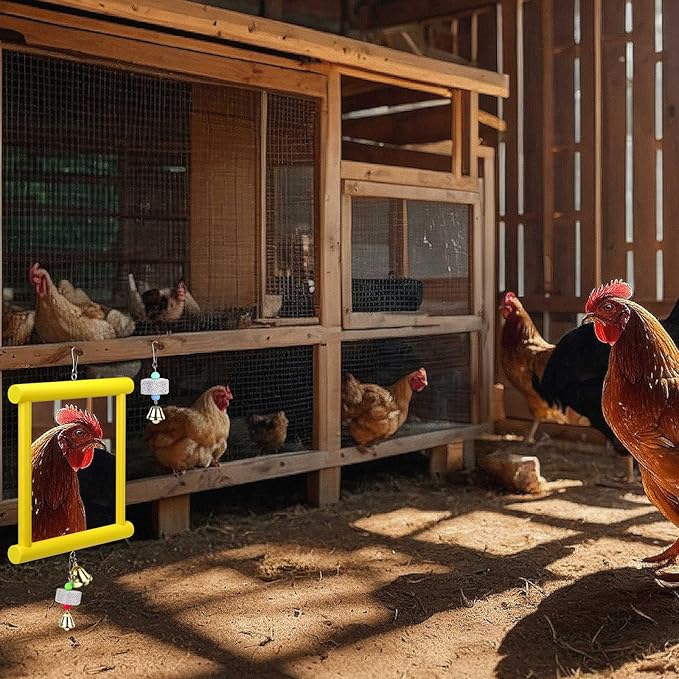 1 Pieces Chicken Mirror Toys Large 12 x 10 Inch Hanging Swing Mirror with Bell Wooden Pecking Toy and 2 Pieces Beak Grinding Molar Stones for Hens Birds Parrots Coop Roosters(Yellow)