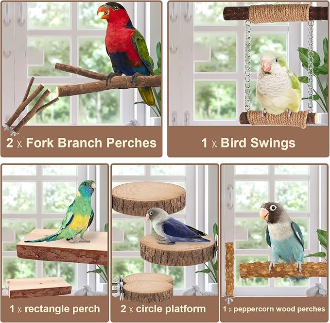 7-Piece Bird Perches for Cage- Wooden Parrot Stand with Fork Toys, Hanging Multi-Branch Platform, Hammock Swing, Gym Playstand & Chewing Toys - for Parakeets, Budgies, Lovebirds - Durable
