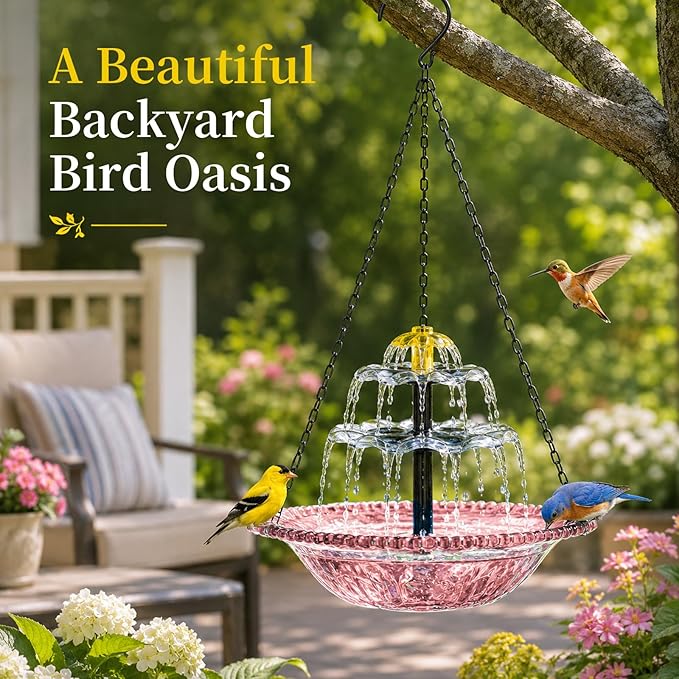 Solar Cascade Hanging Bird Bath Fountain, Large Plastic Bowl with Hanging Chain for Outside Garden Patio and Yard Decor (Pink)