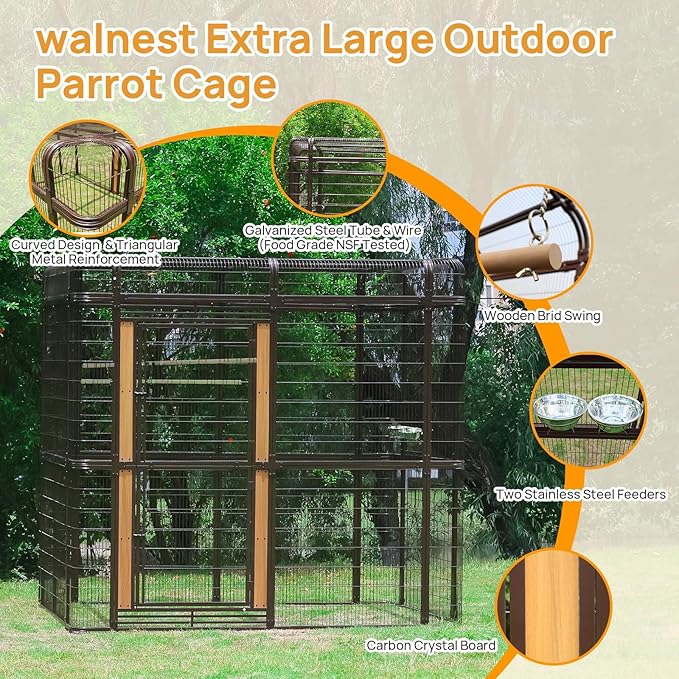 87-inch Outdoor Large Walk-in Cage Heavy Duty Bird Cage Carbon Crystal Board Aviary Parrot Cage Wide Flight Metal Birdcage for Macaw Budgie Conure Lovebird Parakeet Cockatiel, 7.22x5.25x6.8ft, Brown