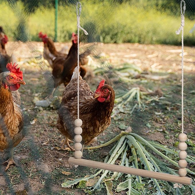 Chicken Swing Toy, Natural Wooden Chicken Bird Swings with Wooden Beads, Wood Stand Chicken Coop Accessories for Poultry Run Rooster Hens Chicks Pet Parrots