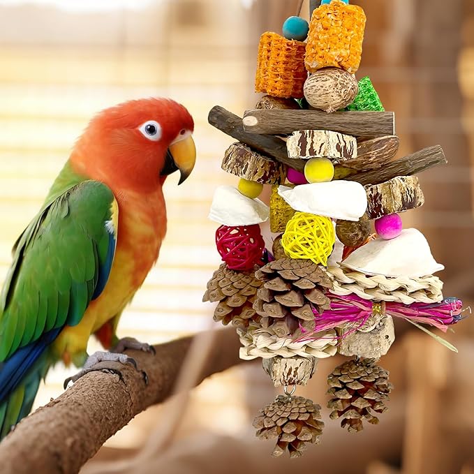 Parrot Toys, Natural Wooden Nutrient-Rich Bird Toy with Cuttlefish Bone, Pine Cones, Wooden Mango & Carambola, Corn Cob Chew Toy, Hanging in Cage for Cockatiel, Quaker Parrot,Conures,Monk Parakeet