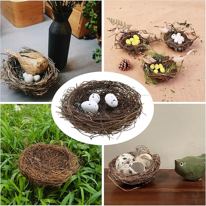 2PCS 4.7 Inch Brown Dry Rattan Handmade Artificial Bird Nest Decoration with Faux Bird Egg Crafts Bird Nest for Crafts Patio Garden Plant Planter