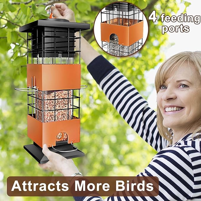 Squirrel Proof Bird Feeder, 3Lbs Metal Anti-Squirrel Bird Feeders for Outdoors, Weight-Activated Perches Hanging Wild Birdfeeder for Blue Jay, Cardinal (Brown)