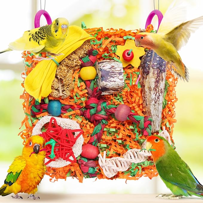 Bird Toys for Small & Medium Parrots - Natural Foraging & Shredding Cage Hanging Toys with Seagrass Mat, Starfruit, Loofah Slices for Budgies, Cockatiels, Lovebirds, Conures (1 PCS)