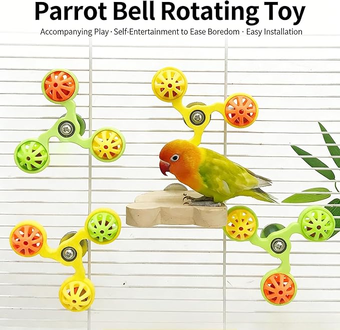 Spinning Bird-Toys Bird Cage Toys & Bird Perch Parrot-Parakeet Budgie Cockatiel Conure Macaw Chicken Parrot Enrichment Cage Accessories Small Animal Chewing Toy (Green Spinner Bell)