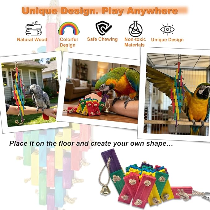 Wooden Bird Toy for Large Parrots – Natural Chewing Blocks with Locking Carabiner (Nut Tightening) for Macaws, Cockatoos, African Greys, Amazon Parrots – Non-Toxic, Colorful, Cage Accessory