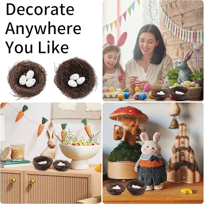 16 Pcs Artificial Bird Nests with Eggs for Crafts,Handmade Natura Rattan Birds Nest for Easter, Wedding, Home, Party, and Christmas Tree Decorations(2Pcs 4.7in 2Pcs 3.9in Nest 12pcs Eggs)