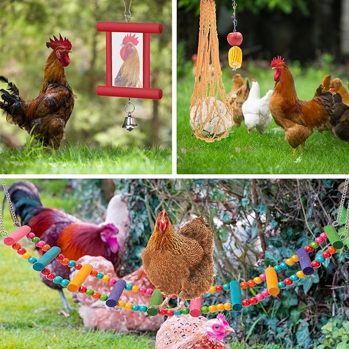 14PCS Chicken Toys for Coop Accessories - Longer Chain Chicken Swing, Chicken Toy for Hens in Coop, Chicken Perch Mirror Toy with Bells, Add Fun Toys for Chickens