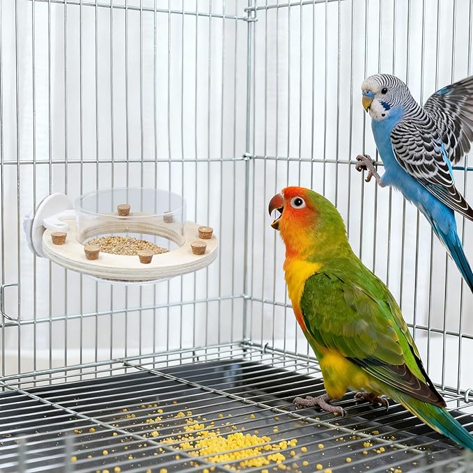Bird Cage Accessories, Transparent Acrylic Feeding Bowl with Wooden Frame & Chewable Cork, Bird Cage Feeder for Budgies, Cockatiels, Lovebirds, Canary and Other Small Birds