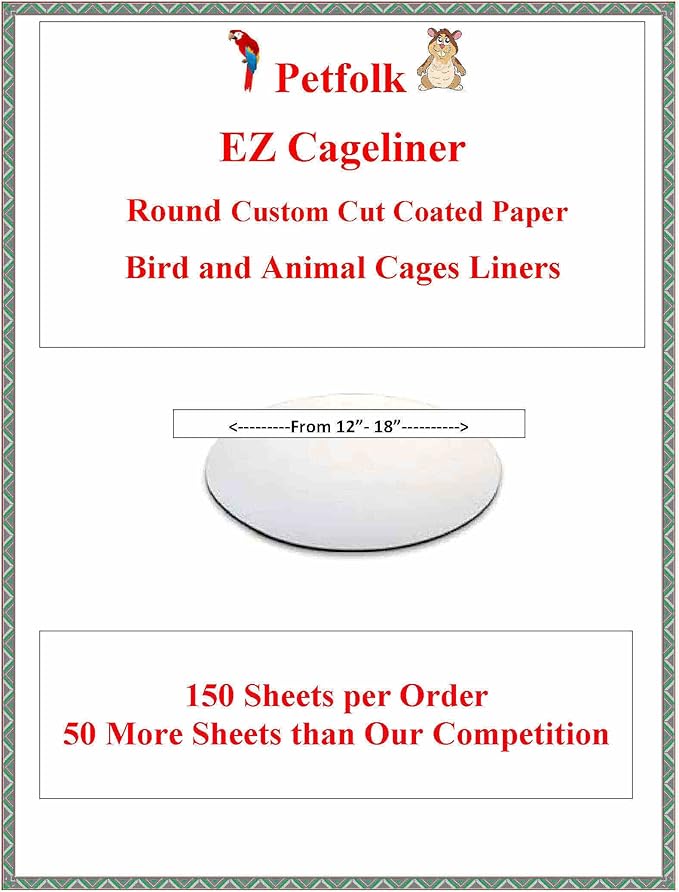 150 Sheets Round Wax (Lightweight 20lb) Birdcage Liner Custom Cut (Round Coated 16")