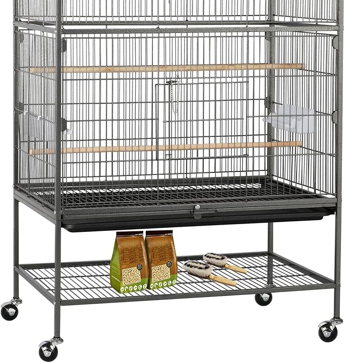 Costoffs 132cm Extra Large Rolling Metal Bird Cage Parrot Cage for Lovebird Cockatoo Conure with 3 Perches/4 Feeders/Extra Storage Shelf Black
