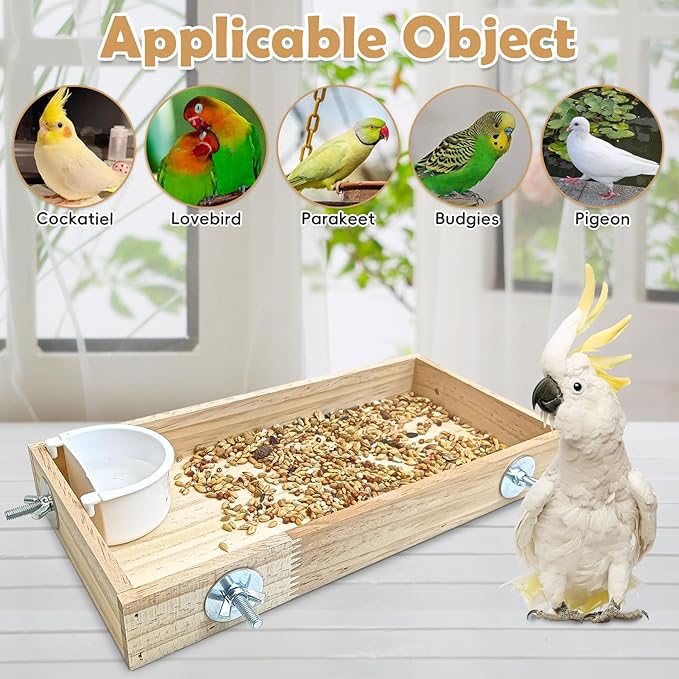 BNOSDM Wooden Bird Feeder for Cage Natural Wood Bird Foraging Box Food Dish for Small to Medium Birds Parrot Feeding Cups for Cockatiel, Lovebird, Parakeet, Budgies (Large)