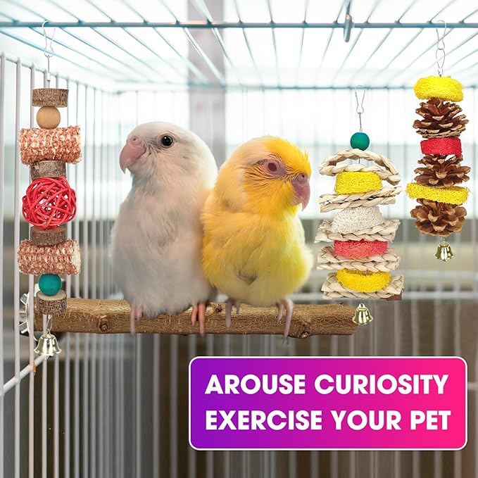 JOREWOOD 7 Pcs Natural Wood Bird Toy & Perch for Parakeets, Cockatiel & Lovebird, Budgie Play Accessory for Small Parrots Indoor Cage