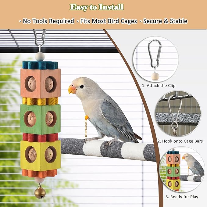 3 PCS Bird Chew Toy and Perch Set Rotating Wood Block Foraging Toys with Bells and Sandstone Nail Grinding Perch for Cockatiels Conures Caiques and Small Medium Parrots