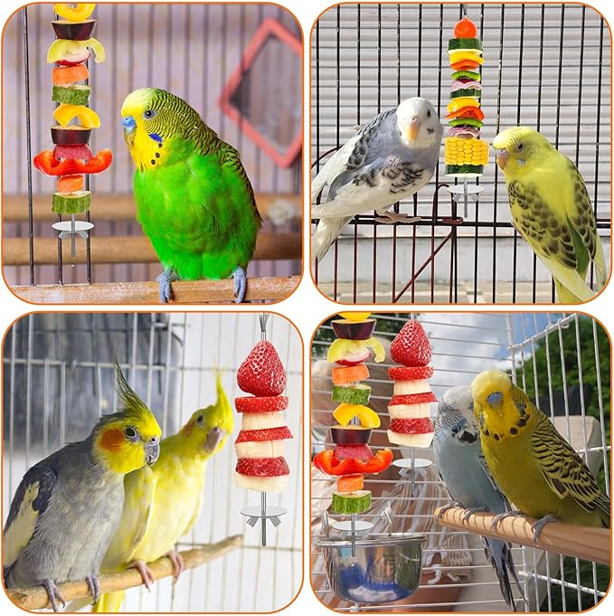 Parrot Fruit Vegetable Skewer, Bird Cage Food Holder, 3PCS Parrot Fruit Stick Feeder Stainless Steel Bird Cage Feeder Foraging Toy with Hook for Parakeet Budgie Macaw (5.98/7.87/9.84 Inch)