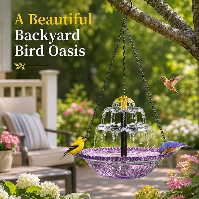 Solar Cascade Hanging Bird Bath Fountain, Large Plastic Bowl with Suspension Chain for Outside Garden, Patio & Yard Decor (Purple)