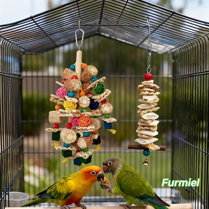Bird Parrot Toys for Cage, 2 Pack Chew Toys with Corn Cob, Cuttlebone & Colorful Blocks for Small to Medium Parrots Like Parakeets, Conures, Cockatiels (Colorful Toy + Cuttlefish Bone)