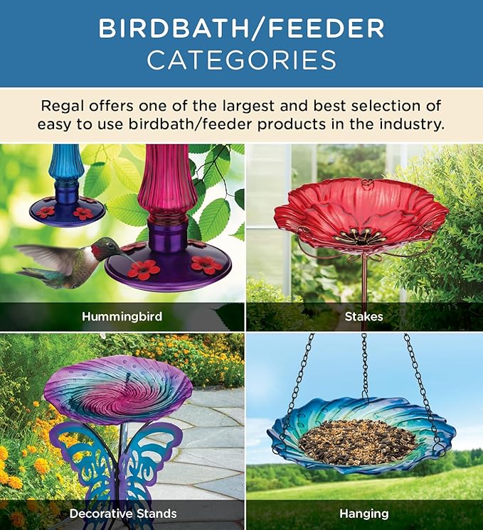 Regal Art & Gift 25" Bird Bath with Decorative Stand - Durable Glass Bowl with Heavy-Duty Metal Stand, Easy to Fill, Ideal for Patio, Porch & Garden Décor - Butterfly