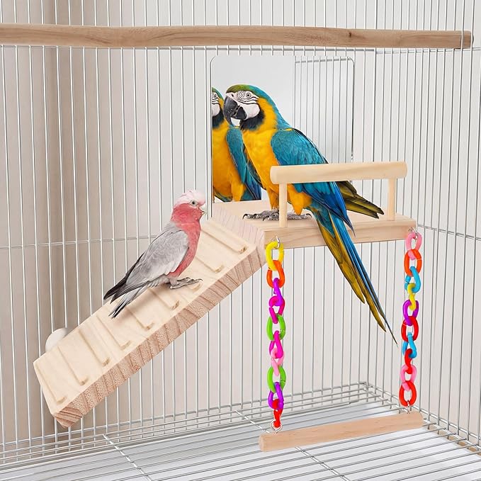Bird Perch Platform Toy Set (Includes Mirror, Climbing Ladder, and Swing) - Wooden Play Frame, Parrot Cage Accessories, Suitable for Budgerigars, Lovebirds, Canaries, and Various Other Birds