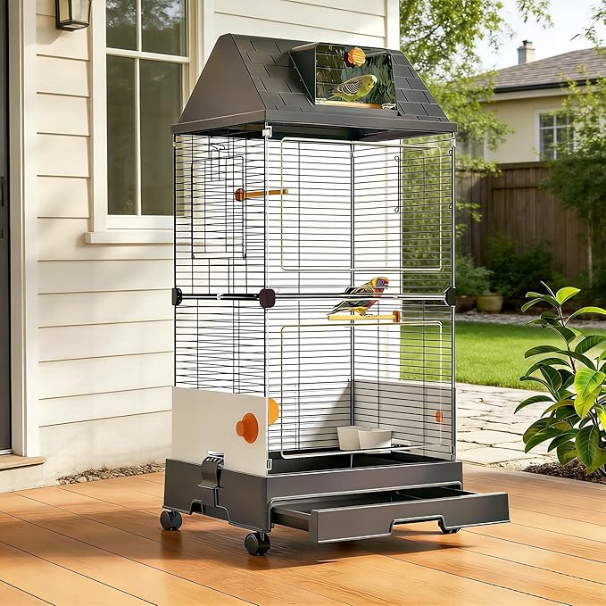 Oneluck Modern Bird Cage with Panoramic View, 38.5" H Bird Aviary for Small to Medium Birds,Birdcage with Easy Clean Tray for Parakeet,Cockatiel,Budgie,Parakeet,Canary,Finch,Quail,Lovebird,Conure