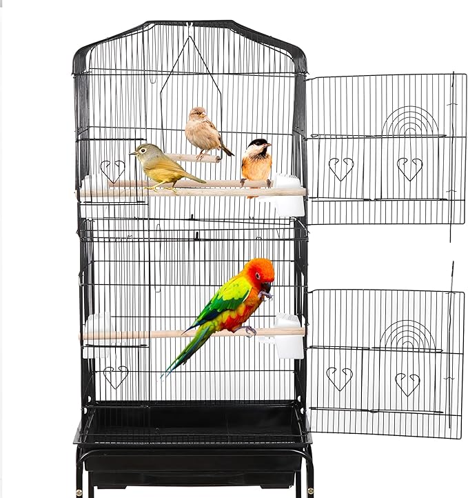 59.3-Inch Bird Cage, Wrought Iron Parrot Cage with Slide-Out Tray, Storage Shelf, Detachable Rolling Stand, Pet Bird House for Parrot Cockatiel Cockatoo Parakeet Macaw Finches