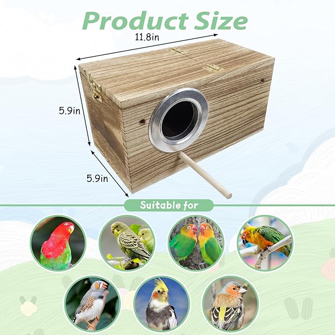 PINVNBY Parakeet Nesting Box, Carbonized Wood Bird Box, Wood Breeding Box for Birds, Budgie Lovebirds Conure Finch Parrot Canary (L: 11.8 x 5.9 x 5.9 inch)