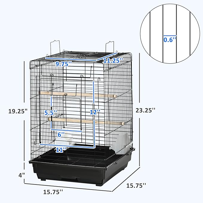 PawHut 23" Bird Cage Flight Parrot House Cockatiels Playpen with Open Play Top and Feeding Bowl Perch Pet Furniture Black