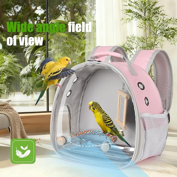 Portable Parrot Travel Cage Carrier with Mirror Standing Toy Set Small Bird Parakeet Bag with Standing Perch Bird Carry Transport Bag (Pink, Backpack/Mirror)