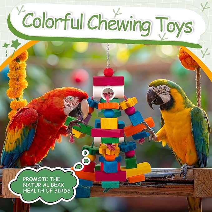 Seenelling 3 Pcs Large Parrot Toys Colorful Chewing Toy with Natural Wood Blocks for African Greys, Cockatoos, Parrots, Macaws, Medium Birds Cage Toy Accessories