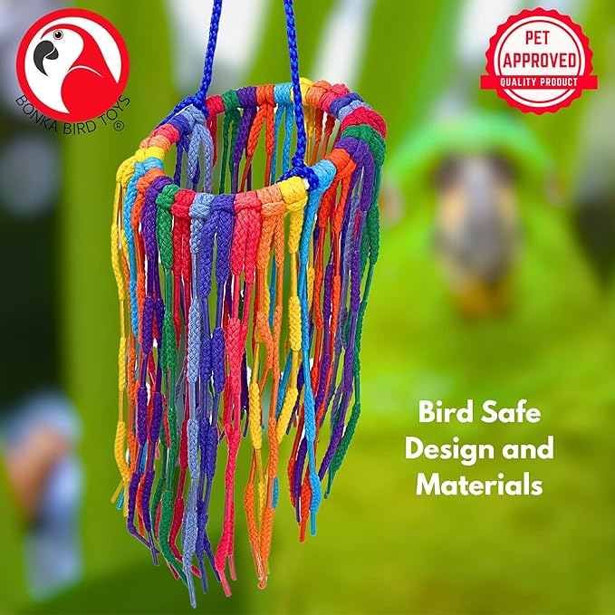 Bonka Bird Toys 51214 Small Aglet Heaven Cotton Shoelace Toy with Plastic Aglets and 2" Ring for Parakeets Cockatiels Quakers Pionus Small Bird Enrichment (Pack of 2)