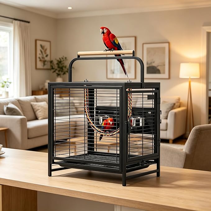 VINGLI Small Bird Cage, 25 inch Travel Carrier Bird Cage with Handle, Wrought Iron Parakeet Cage with Wooden Perch for Parrot Lovebirds Finches Small/Medium Birds (Matte Black)