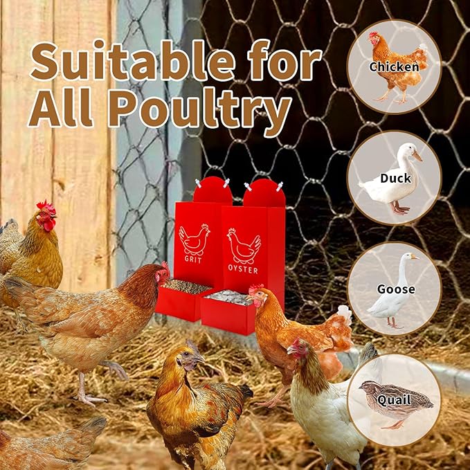 Chicken Coop Accessories, 2 Pack Red Metal Grit and Oyster Shell Feeder with Screw and Plastic Cable Tie, Chicken Feeder for Hen, Duck, Geese, Turkey and Other All Poultry