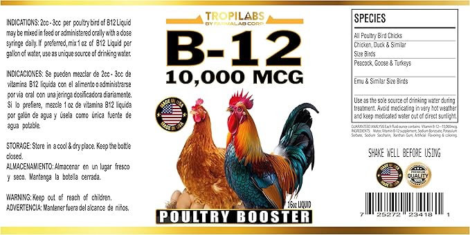 B12 B-12 Liquid 10,000 MCG Supplement for Poultry Birds, Chickens, Hens, Roosters, Pigeons, Ducks, Gooses, Turkeys & All Farm Animals 16oz Vitamin Drinking Water Additive (Chicken Farm Booster)