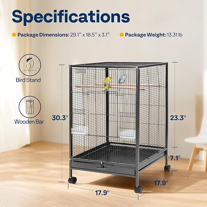 VIVOHOME 30 Inch Height Wrought Iron Bird Cage with Rolling Stand for Conures Lovebirds Cockatiels Finches, Black