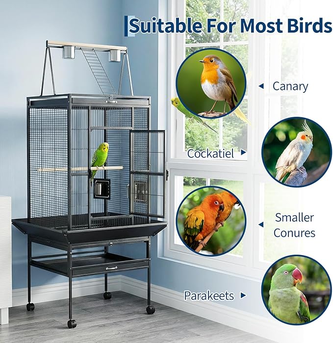 68“h Bird Cage, Large Bird Cage with Play Top, Rolling Stand for Parakeets, Cockatiels, Parrots, Budgies, Lovebirds, Small/Medium Birds