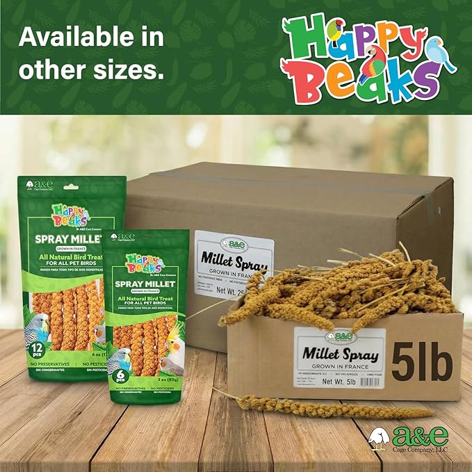 A&E Cage Co AE9054 Premium French Spray Millet for Birds – 6oz Retail Bag with 12 Natural Millet Sprays – Healthy Bird Treat for Budgies, Parakeets, Cockatiels, Finches & Small Birds