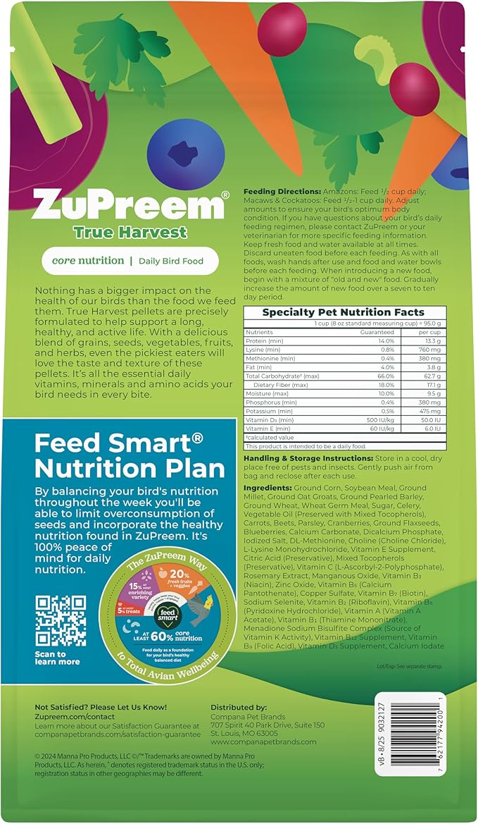 ZuPreem True Harvest Bird Food, Daily Bird Feed Pellets for Amazons, Cockatoos & Macaws, ZuPreem Core Nutrition, Made in USA, Added Vitamins, Cockatoo Food, Macaw Feed, (Large, 3 lb Bag)