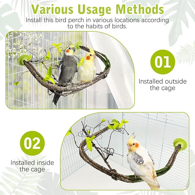 PINVNBY 2 PCS Bendable Bird Perches Simulation Branch Parrot Perch Stand with Green Leaf Hanging Paw Grinding Fork Cage Accessories for Parakeet Budgie Finch Cockatiel Conure (Medium)
