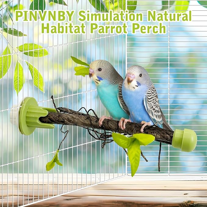 PINVNBY 2 PCS Bird Perches Simulation Branch Parrot Cage Perch Stand with Green Leaf Hanging Paw Grinding Fork Cage Accessories for Parakeets Budgies Finches Cockatiels Conures