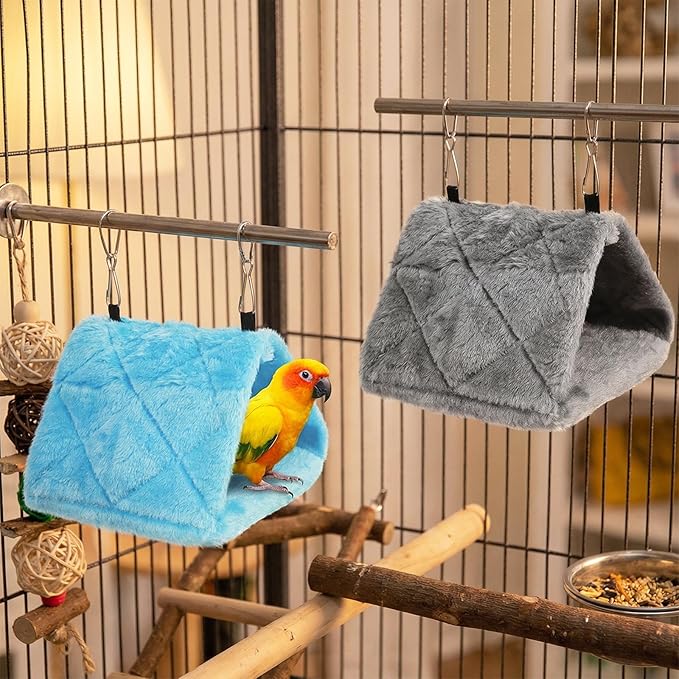 2Pcs Bird Nest Hammock, Birds Hut for Cage, Warm Plush Snuggle Cave Hanging Bed, Parrot Sleeping Bed for Budgies, Parakeets, Cockatiels & Small Parrots (Blue & Grey Size S)