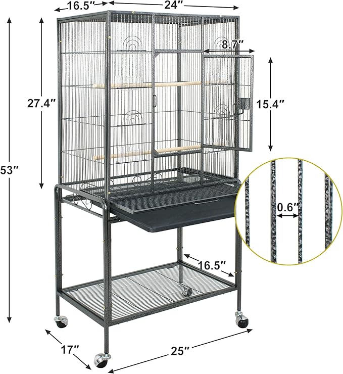 53-Inch Standing Wrought Iron Birdcage Large Parrot Flight Bird Cage with Rolling Stand Birdcages for Cockatiels African Grey Quaker Lovebird Canary Budgie Finch
